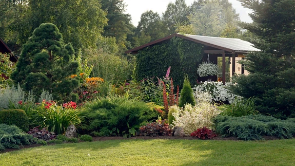 Vaheldusrikkad istutused. Madalad ja kõrged okaspuuvormid, sekka värvikaid põõsaid ja püsikuid kirjule istutusalale sobivate korduste ja aktsentidega.