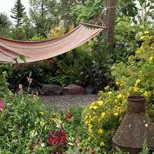 Põõsaste ja peenarde vahel on meeleolukas koht võrkkiigele, kus usin aednik saab oma tööviljade värve ja lõhnu nautida.