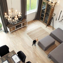 varat ja kõrget elutuba ilmestavad soe puidutoon ja glamuursed fotosuurendused. Harjatud ja vahatatud taaskasutatud puidust mööbel on pärit firmast Riviera Maison. Aknatagused noored kased lisavad ruumile veelgi avarust.